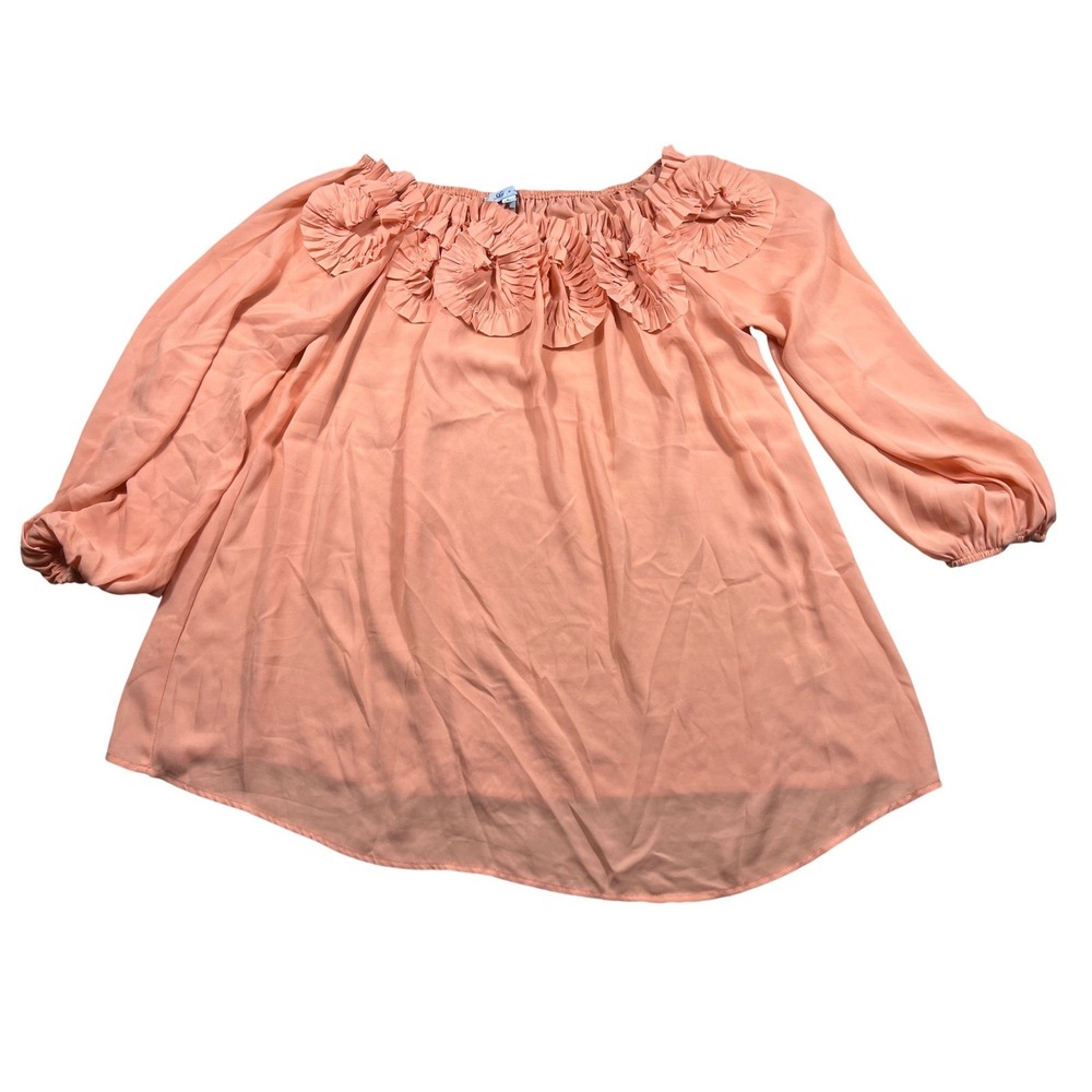 She + Sky Womens Large Coral Blouse 3D Ruffle Rosette Puff Sleeve Statement Top